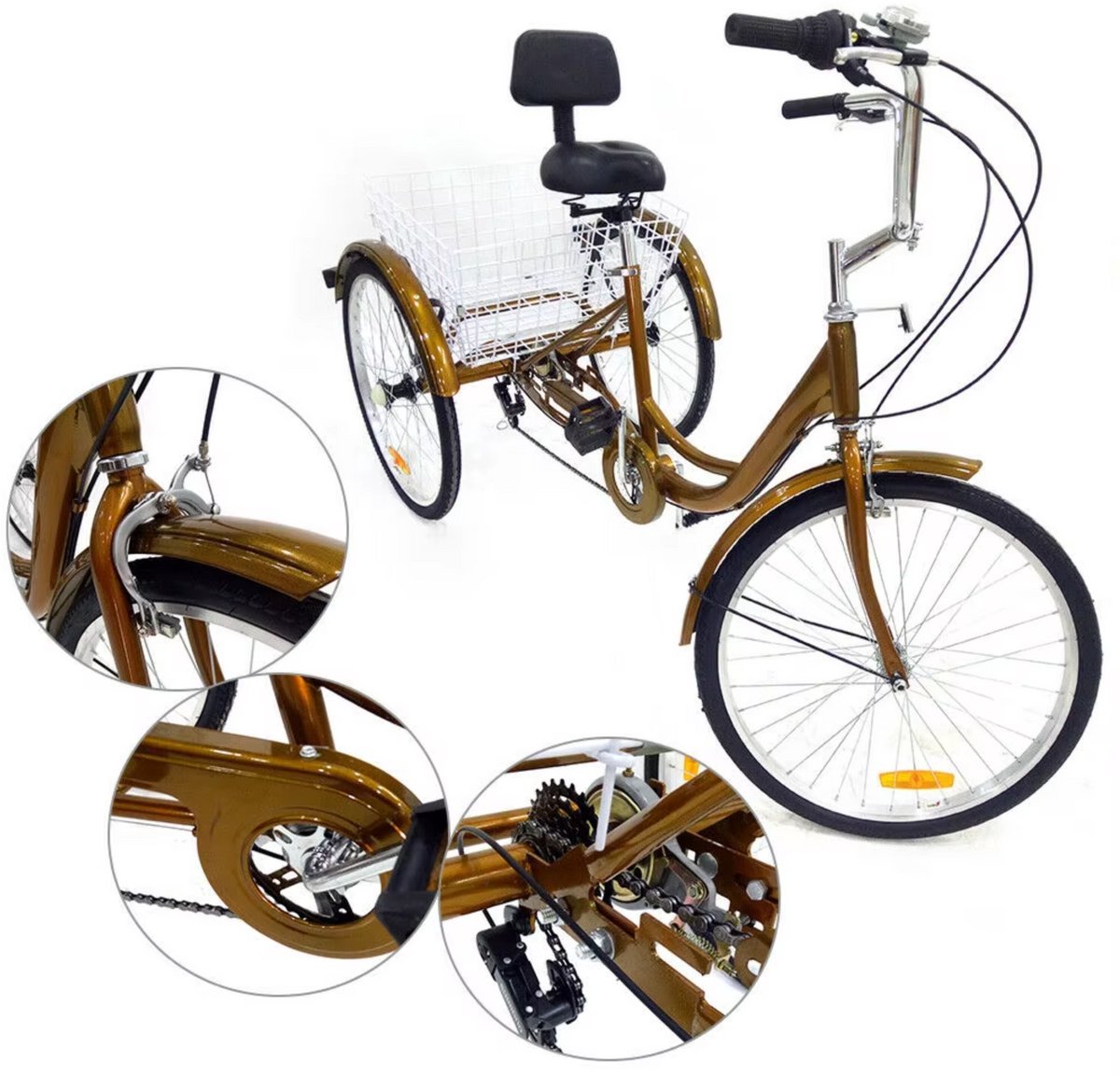Opulence Driewieler voor volwassenen - 6 versnellingen - Fiets voor senioren - 24 Inch - Met mand - Voorrem - Goud