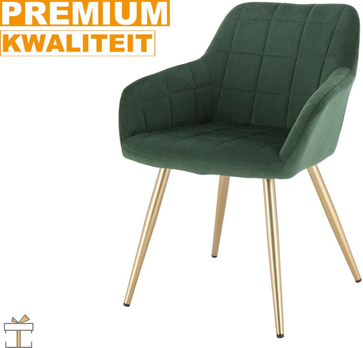 Eetkamerstoel - Velvet Groen/Goud - Met armleuning - Fauteuil stijl - Set van 1