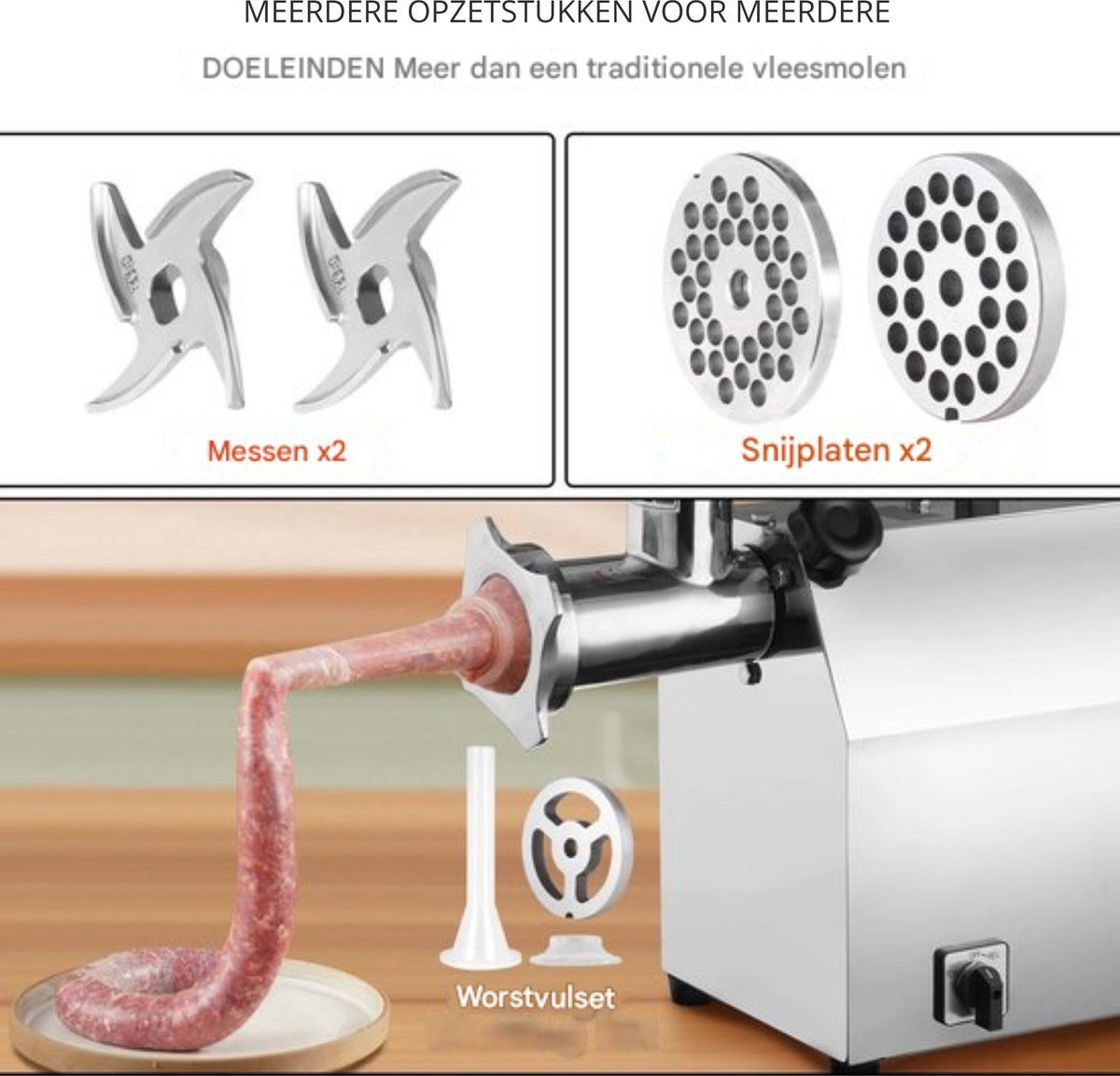 Commerciële Vleesmolen - Worstmaker - 122kg/uur - 850W - RVS - Grijs