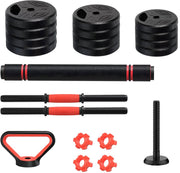 3-in-1 Halterset - Haltergrepen - Verstelbare dumbbells - Set 20 kg - Voor Home Gym & Krachttraining - Compleet Fitnessgewichtenset - Rood/zwart