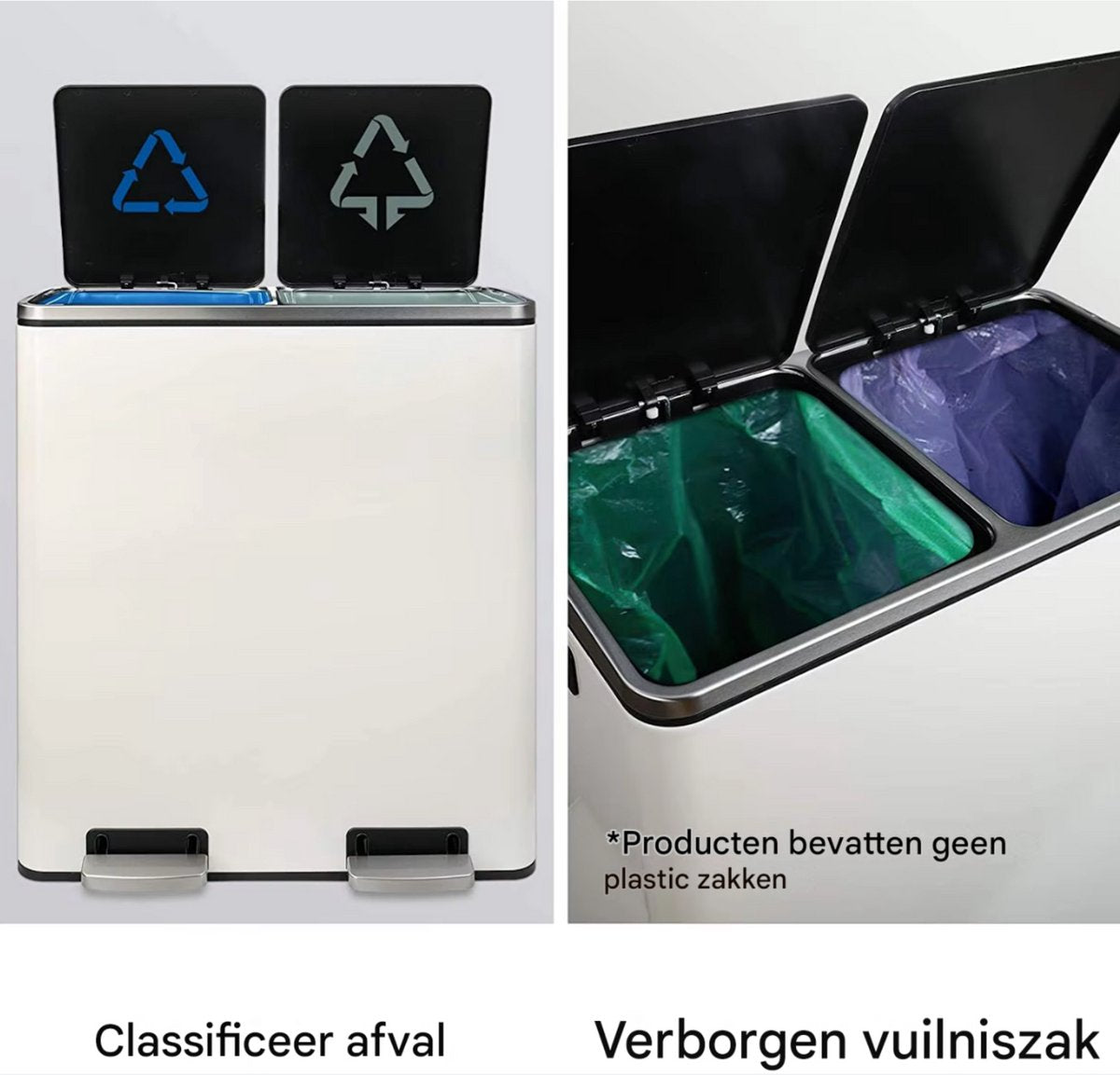 Pedaalemmer 2 vakken - 60L - Prullenbak - Afvalscheiding - RVS - Softclose - Anti-slip - Wit