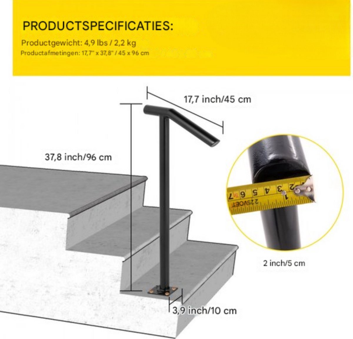 Korte trapleuning - Balustrade - Houders - Leuningen voor Trappen - Staal - Met trapleuninghouders - 45CM