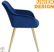 Luxe Eetkamerstoelen - Blauw/Goud - Velvet - Set van 1 - Fauteuil met Armleuning