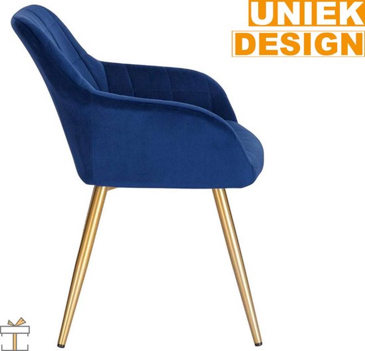 Luxe Eetkamerstoelen - Blauw/Goud - Velvet - Set van 1 - Fauteuil met Armleuning