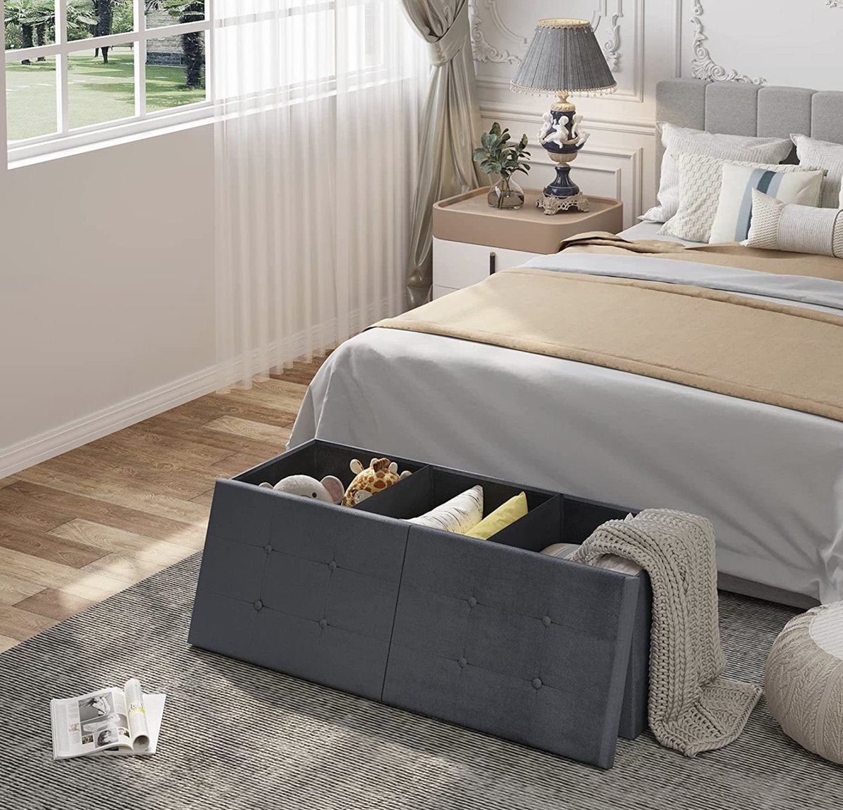 Happyment Opbergbank Judi - Met opbergruimte - Zitbank Poef - Voetenbank - Opbergbox hocker - Zitkist met deskel - Donkergrijs - Velvet - 110x38x38 cm