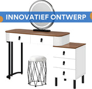 Kaptafel met LED-verlichting - Make-up tafel - Voor Slaapkamer - 3-delige Verstelbare Lichtintensiteit - Inclusief Mobiele Spiegel & Zijkast van