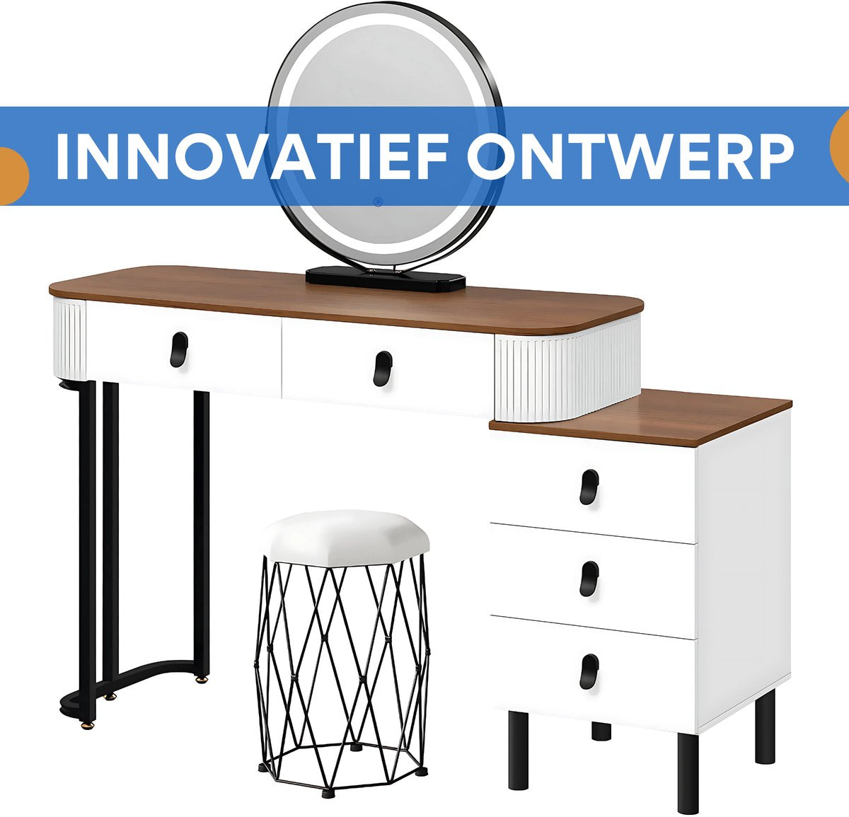 Kaptafel met LED-verlichting - Make-up tafel - Voor Slaapkamer - 3-delige Verstelbare Lichtintensiteit - Inclusief Mobiele Spiegel & Zijkast van