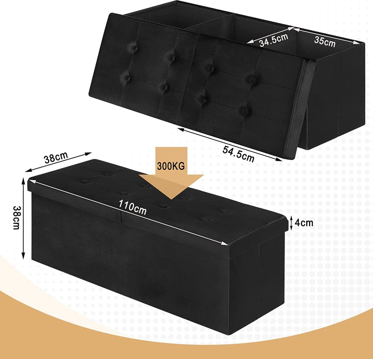 Happyment Opbergbank Zaza - Met opbergruimte - Zitbank Poef - Voetenbank - Opbergbox hocker - Zitkist met deskel - Donkergrijs - Zwart - 110x38x38 cm
