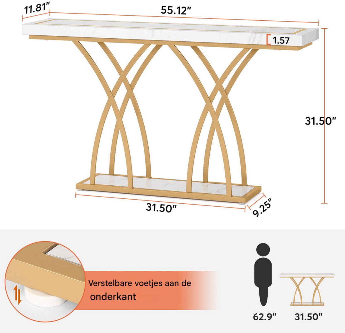 Wandtafel -Haltafel - Dressiortafel - Bijzettafel - Sidetable - Modern - Kunstmarmer, goud
