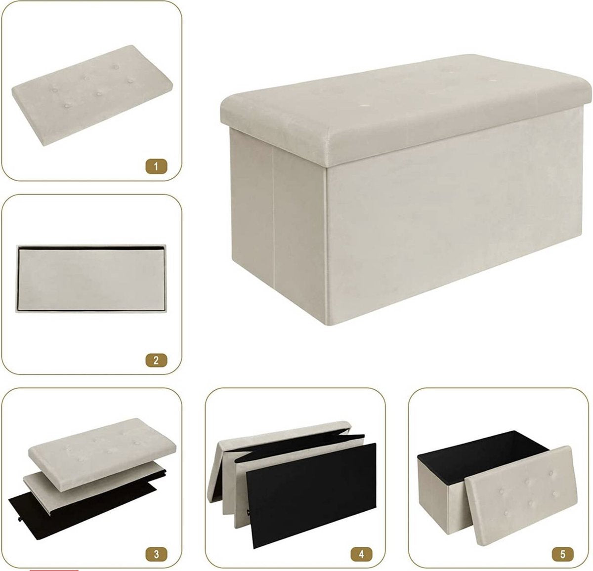 Moderne Opbergbank Meri - Met opbergruimte - Zitbank Poef - Voetenbank - Opbergbox hocker - Zitkist met deskel - Creme - Velvet - 76x38x38 cm