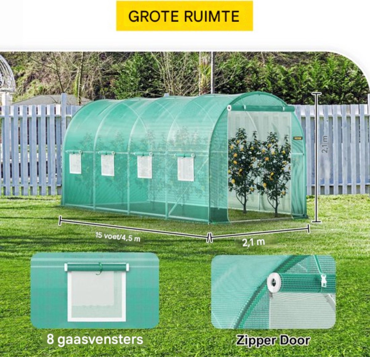 Professionele Kas - Moestuin - Waterdicht - Groen - Walk in - 215CM hoog - Met ramen