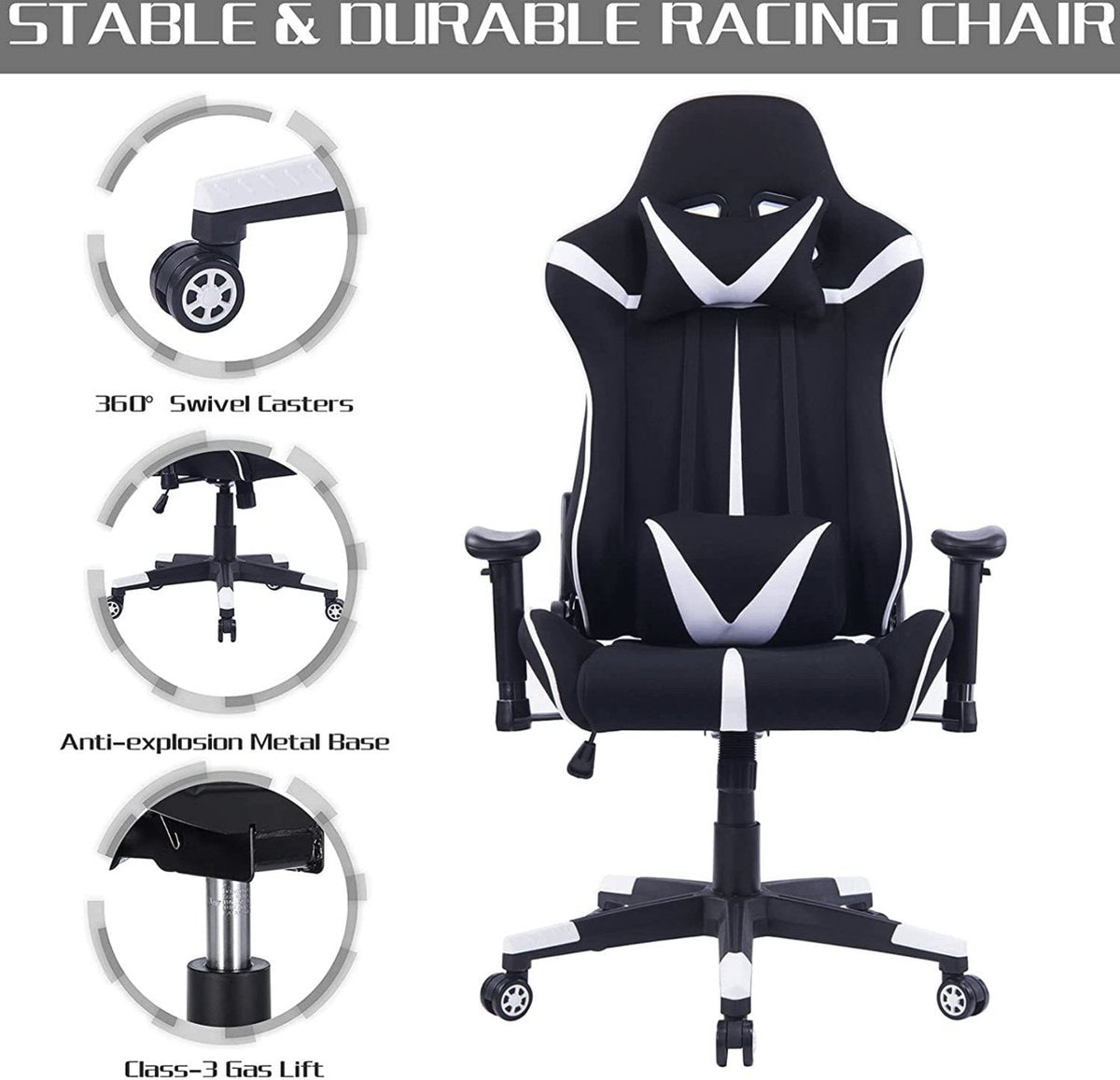 Happyment Gamestoel Sheffield - Stof - Met rugleuning en armleuning - In hoogte verstelbaar - Ergonomisch - Wit/Zwart
