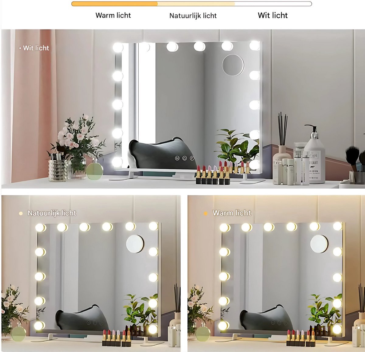 Verlichte Make-upspiegel Valora - Hollywood spiegel - 14 Dimbare LED-lampen - Make-up Spiegel voor Kleedkamer en Slaapkamer - Met USB
