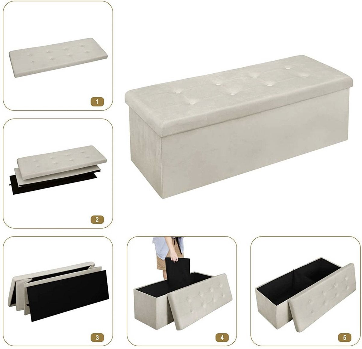 Luxe Opbergbank Nuni - Met opbergruimte - Zitbank Poef - Voetenbank - Opbergbox hocker - Zitkist met deskel - Creme - Velvet - 110x37.5x38cm