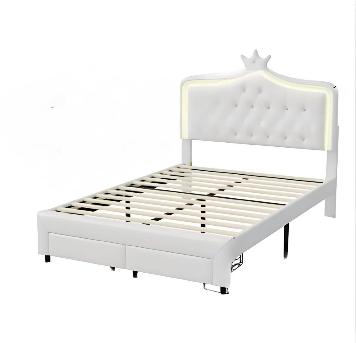 Kinderbed voor meisjes - 140x200cm - Gestoffeerd bed met 2 lades - LED-verlichting en rugleuning - Lattenbodem - Twijfelaar