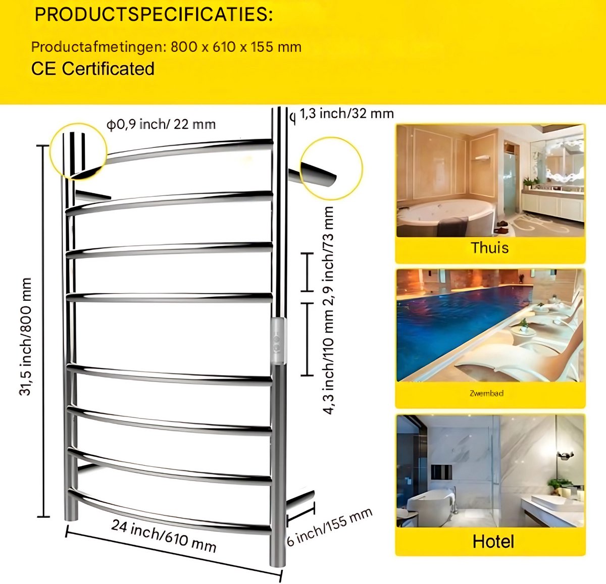 Elektrisch handdoekrek - Badkamer - Radiator - Droogrek - 125W - 8 Staven - Handdoekverwarmer - 5KG Max