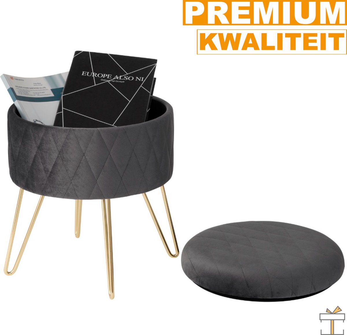 Happyment Luxe Poef - Velvet donkergrijs - Voetenbank met opbergruimte - Opbergbox hocker - Zitkist met deskel - 2in1