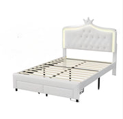 Kinderbed Fioren voor meisjes - 140x200cm - Gestoffeerd bed met 2 lades - LED-verlichting en rugleuning - Lattenbodem - Twijfelaar
