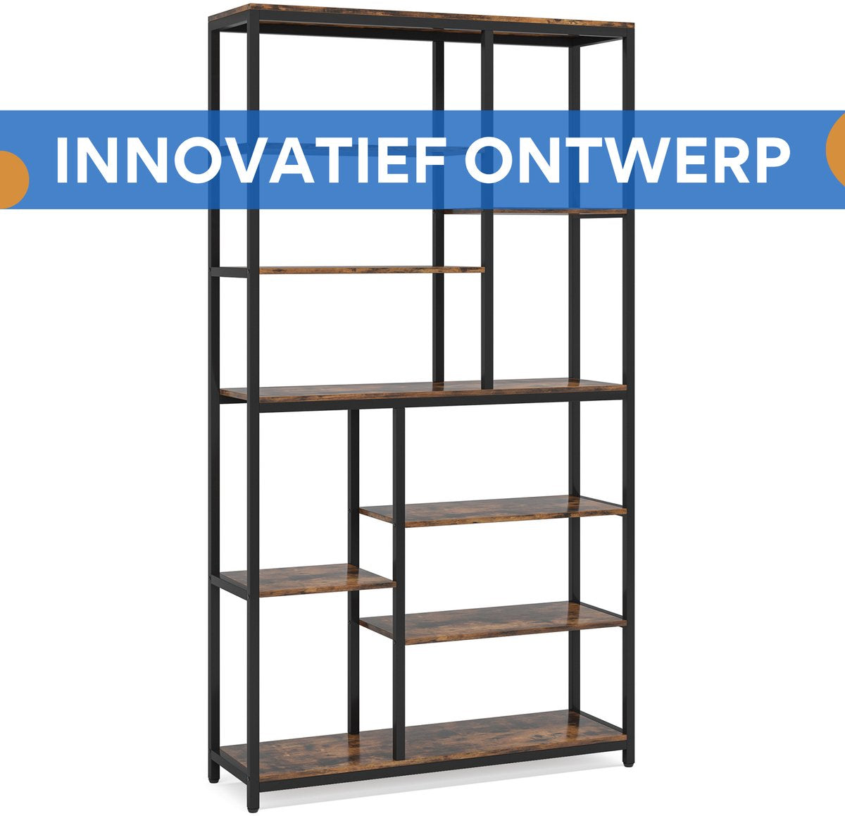 Boekenkast Myralis - 8 Lagen - Boekenrek Opbergrek - Stellingkast Metaal - Voor Kantoor, Woonkamer of Slaapkamer - Bruin