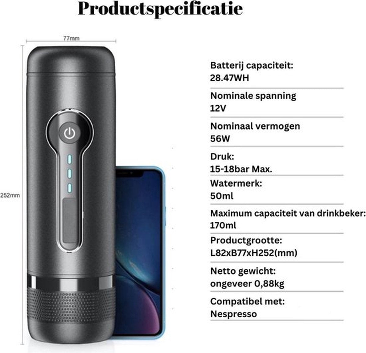 Happyment Compacte Draagbare Koffie Machine Draadloos - Hoge Kwaliteit Espresso Machine Oplaadbaar - Mini Koffie Zet Apparaat - Portable Coffee Maker - Koffie Cubs - Filterkoffie