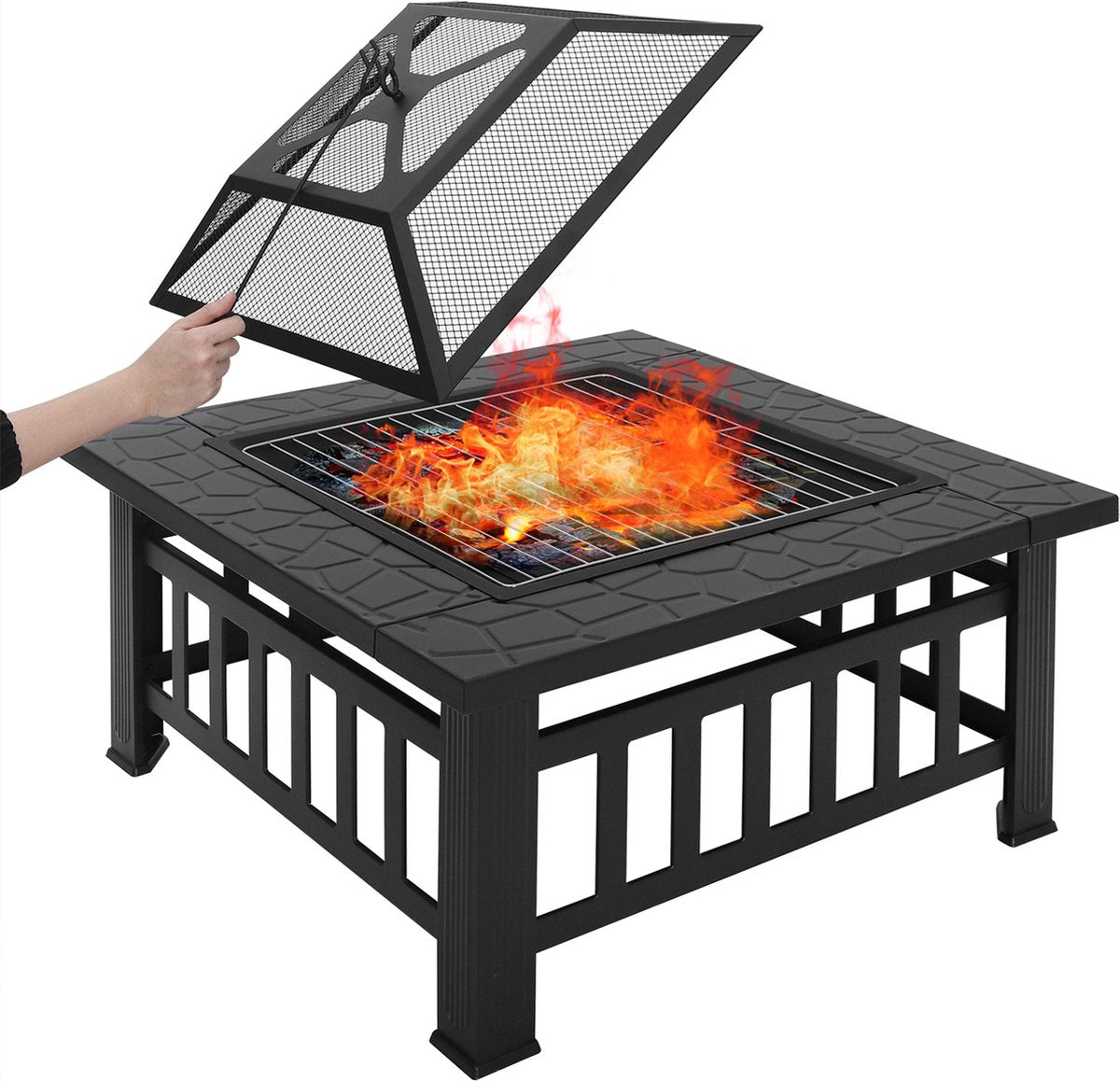 Happyment® Vuurkorf voor buiten - Vuurpit deluxe - BBQ - Met Vonkenscherm - Metaal - 81x81x32,5cm