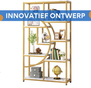 Boekenkast Velano - 8 Lagen - Stijlvol Boekenrek Metaal - Marmerlook en Goud - Voor Woonkamer