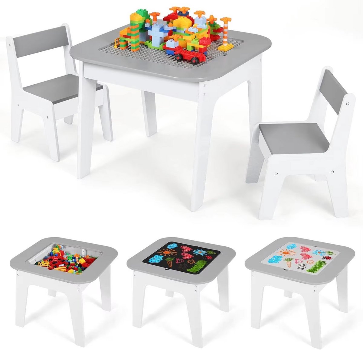Kindertafel - Speeltafel- Voor Kinderen & Kleuterschool - Kindertafel en stoeltjes - 2-in-1 Speeltafel - Met Opbergruimte & Stoelen - Grijs