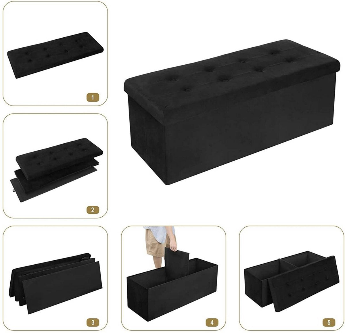 Luxe Opbergbank Zico - Met opbergruimte - Zitbank Poef - Voetenbank - Opbergbox hocker - Zitkist met deskel - Black - Velvet - 110x37.5x38cm