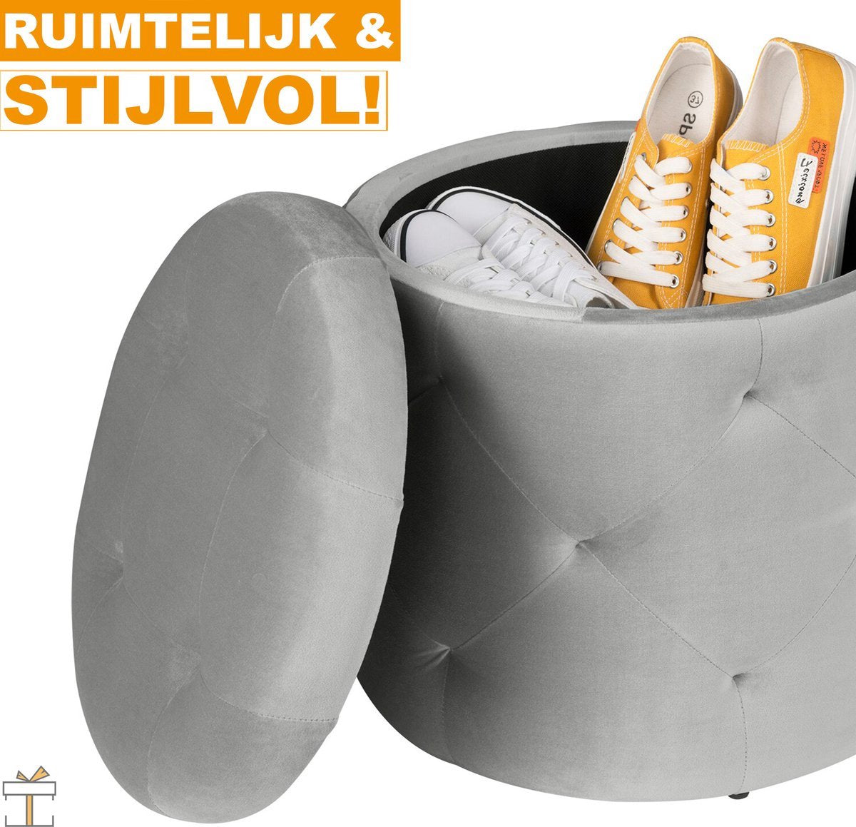 Poef - Grijs Velvet - Met Opbergruimte - Zitkist - Hocker