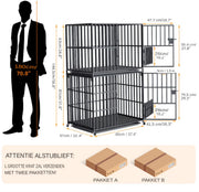 Dubbele Hondenmand Rex - Hondenkennel - Meubelbench Bijzettafel - Metalen Hondenkrat & Walnoot - Binnenbench - 145 cm Hoog - 95 cm Breed