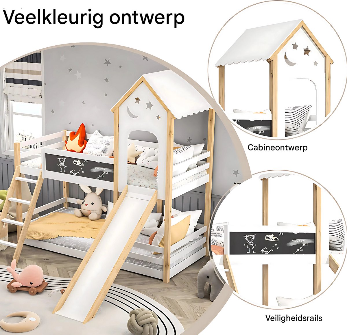 Stapelbed voor kinderen - Met glijbaan - 90x200 cm - 2 kinderbedden - Met Hoektrap, valbeveiliging en raam - Peuterbed