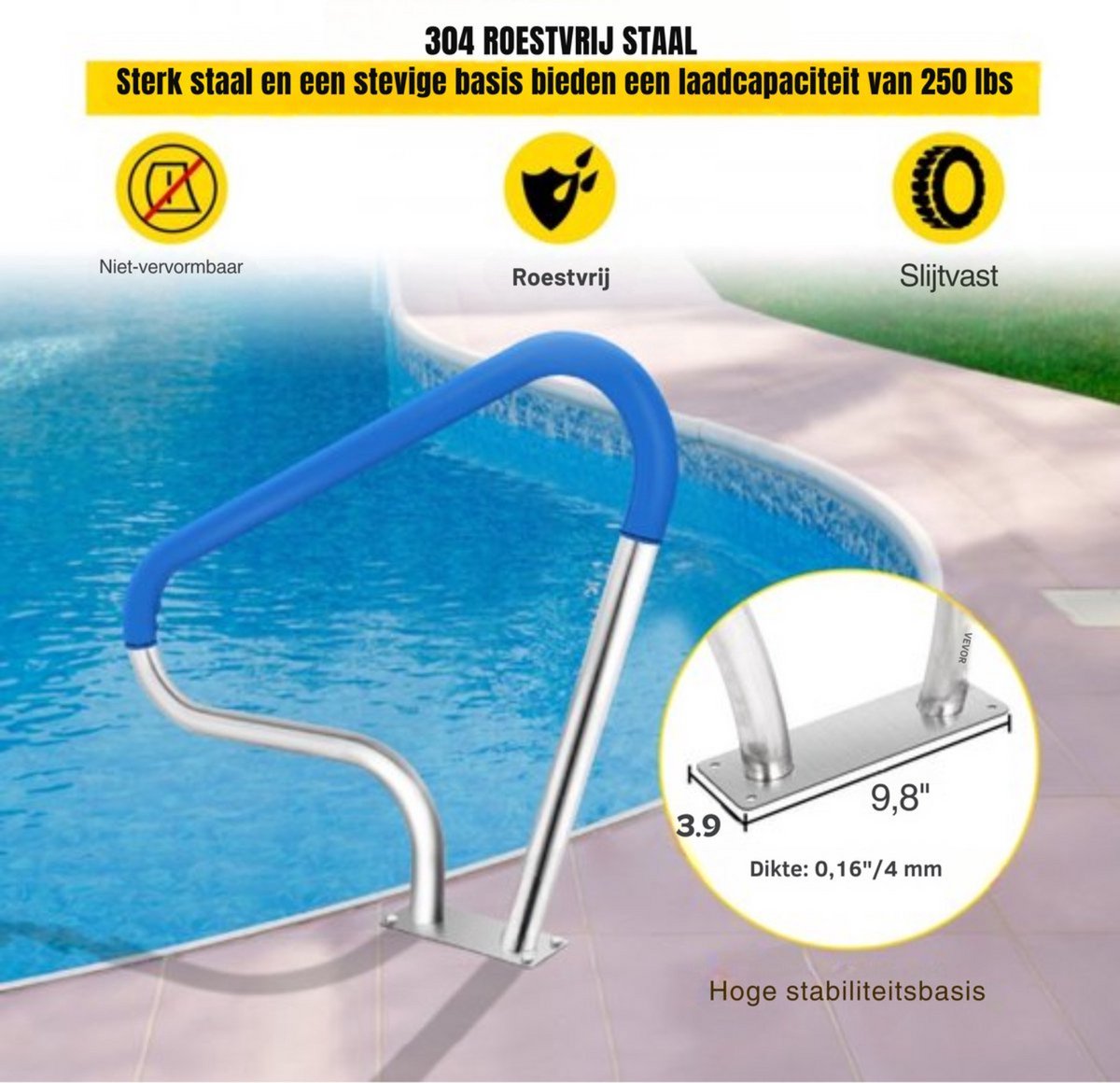 Zwembad leuning - Zwembadleuning accessoires - RVS Rail Steunbalk - 98,9x81,3 cm Leuning - Afrit tot 113 kg