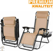 Happyment Opvouwbare strandstoelen 2 stuks - Tuinstoelen met tafeltje - Zonnebed - 0° tot 160° Verstelbaar - Beige