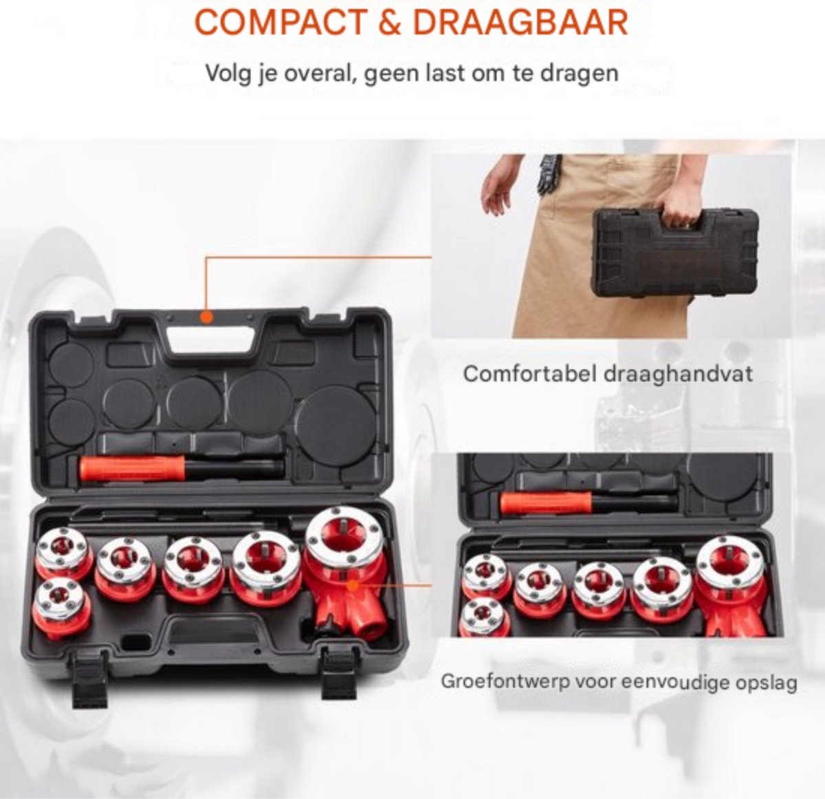 Pijpdraad snijgereedschap Set - 6-delig - Pijp snijder - Ratel snijdgereedsschap - 1/4" tot 1-1/4" NPT - In Koffer - Voor Water- & Gasleidingen