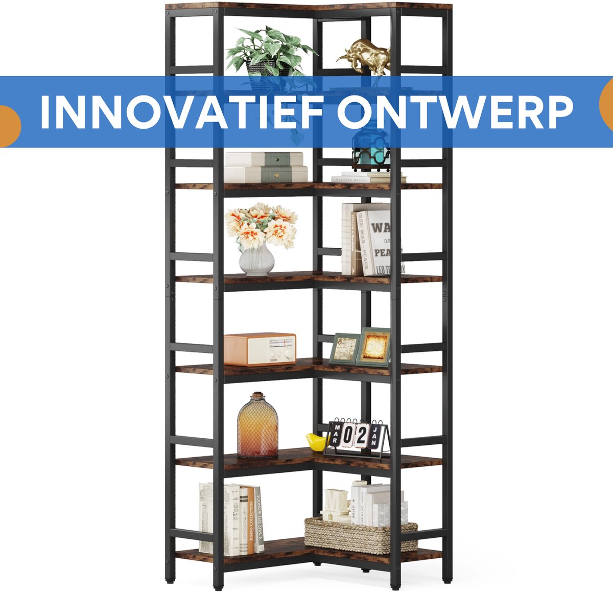 Boekenkast Dully - 7 lagen - Hoekkast - Bruin - Hoekrek - Voor Woonkamer, Slaapkamer of Kantoor - 60x60x200cm