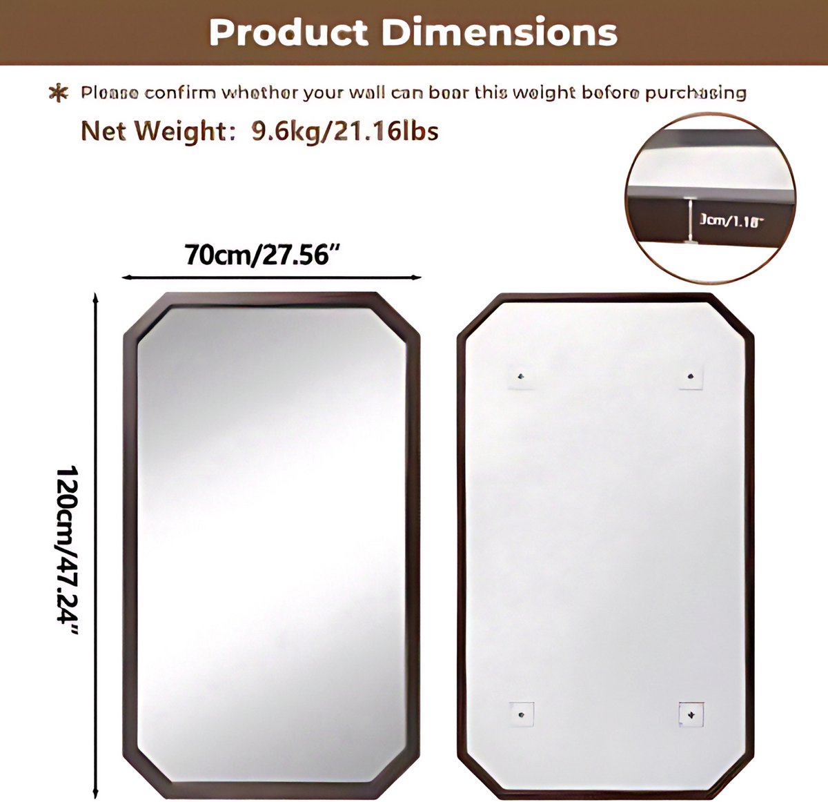 Wandspiegel Luxeus - Organisch - 70x120cm - Voor Woonkamer, Slaapkamer & Badkamer - Decoratieve - Walnoothouten Frame