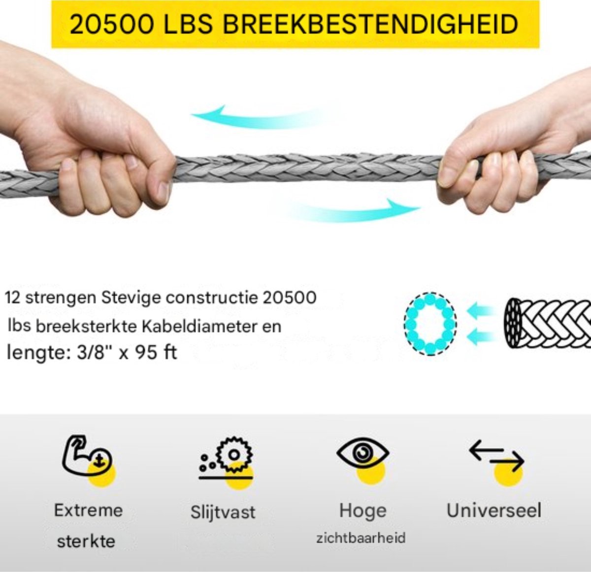 Synthetische Lier Touw - 29 Meter - Sterkte 9.3Ton / 20500Lbs - Geschikt Voor 9,5mm