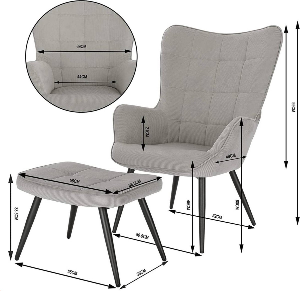 Luxe Fauteuil met hocker - Armleuning - Voetenbank Woonkamer stoel - Corduroy - Lichtgrijs