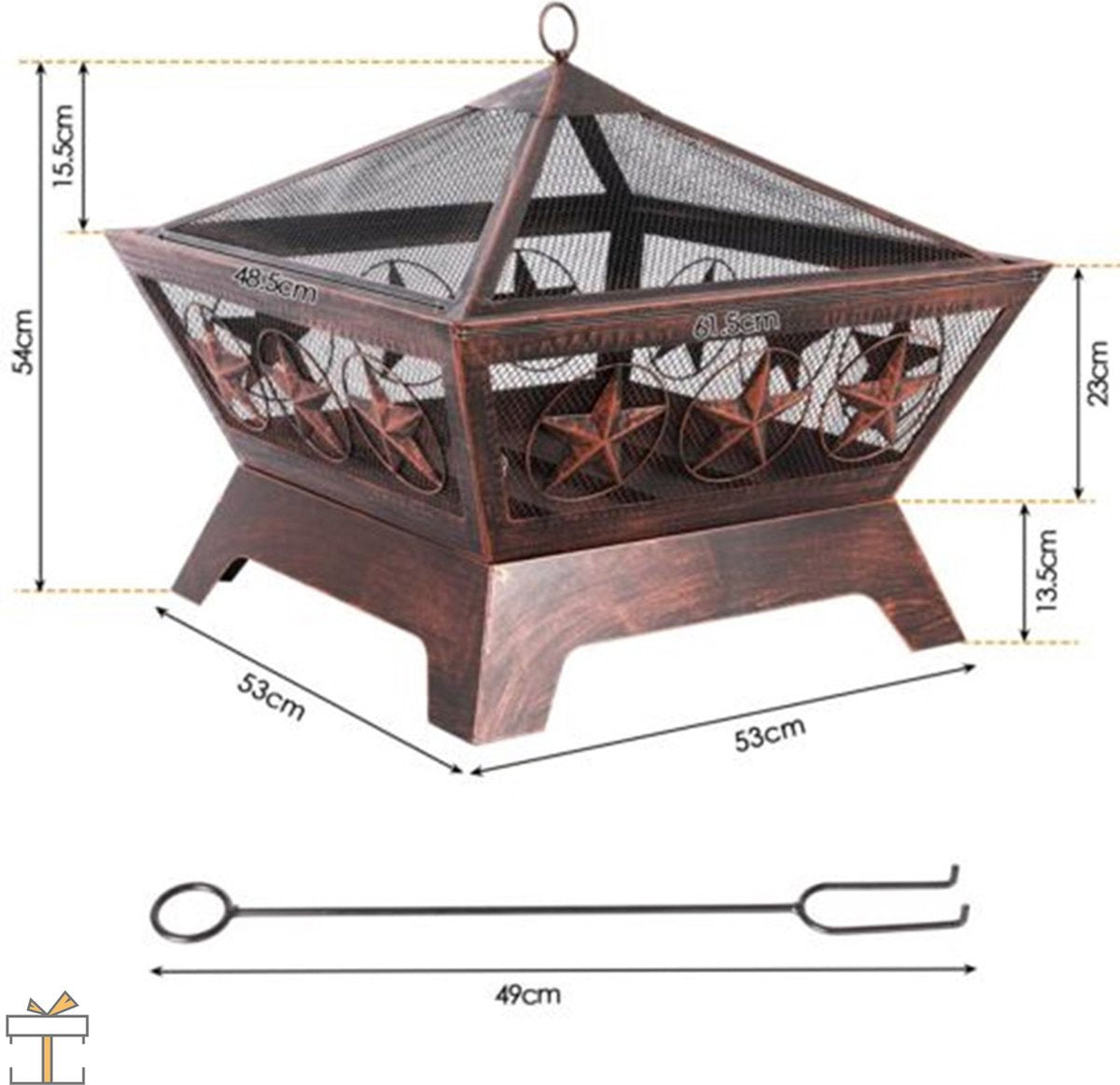 Happyment Luxe Vuurkorf - Voor buiten - Vuurpit deluxe - Met Vonkenscherm - Metaal - 61x61x23cm