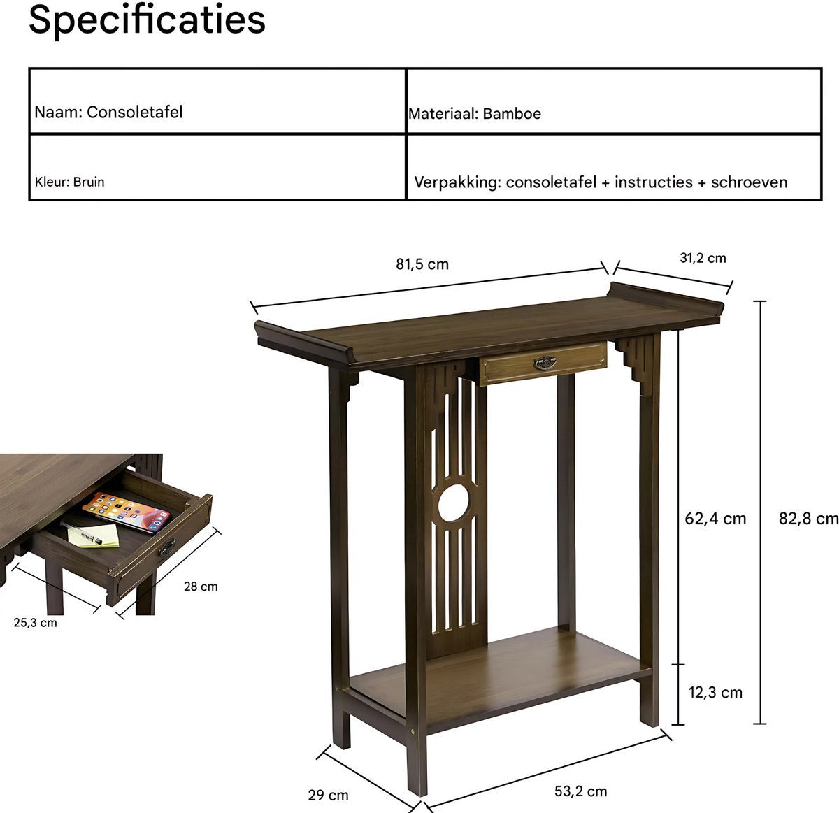 Consoletafel Fioren - Chinese consoletafel - Wandtafel met lades - Wit Marmerlook met goud - Haltafel - Sidetable - 82cm