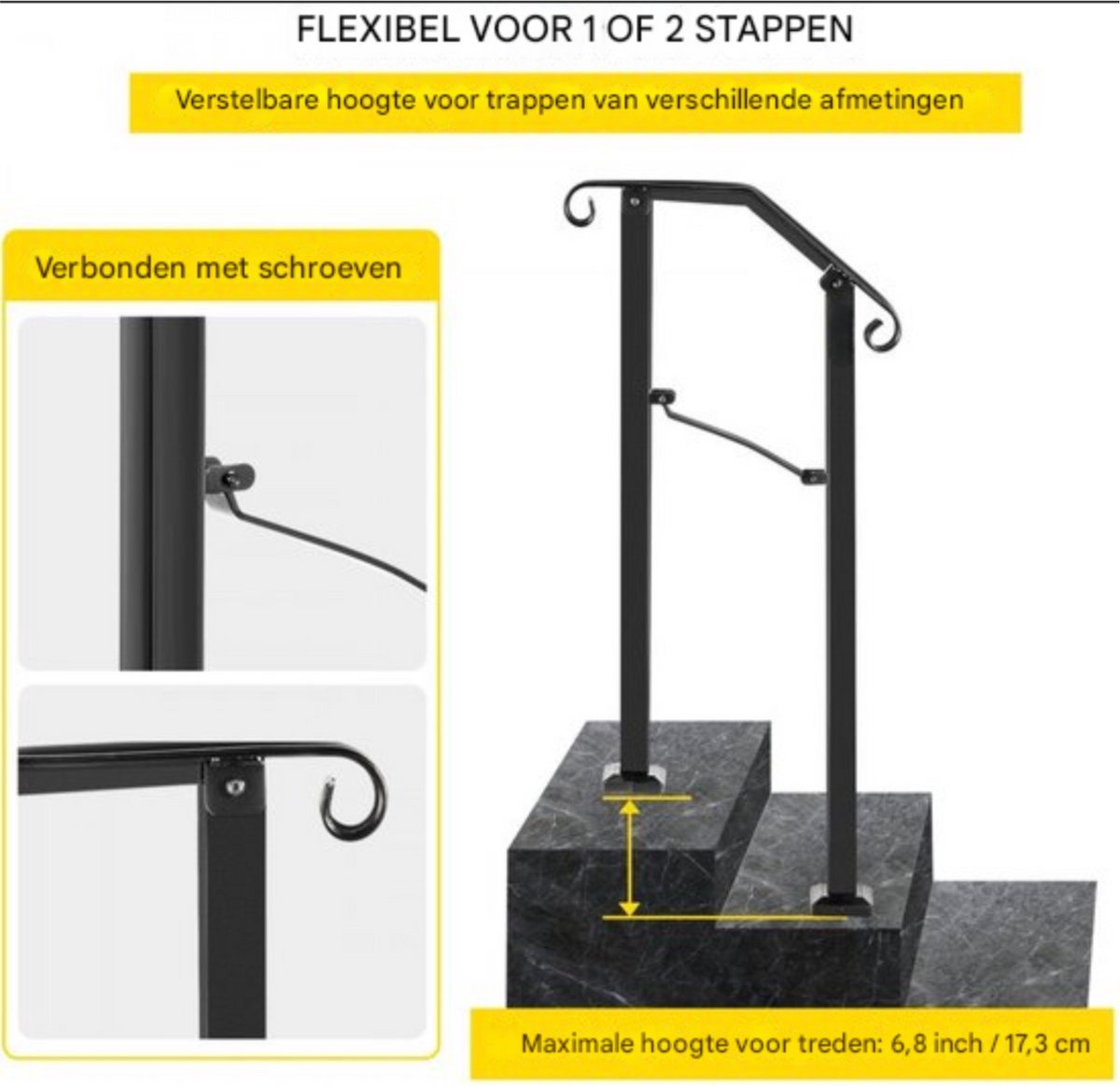 Trapleuning - Trapleuning houders - 1-2 Treden - Smeedijzer - Zwart - Voor Binnen & Buiten
