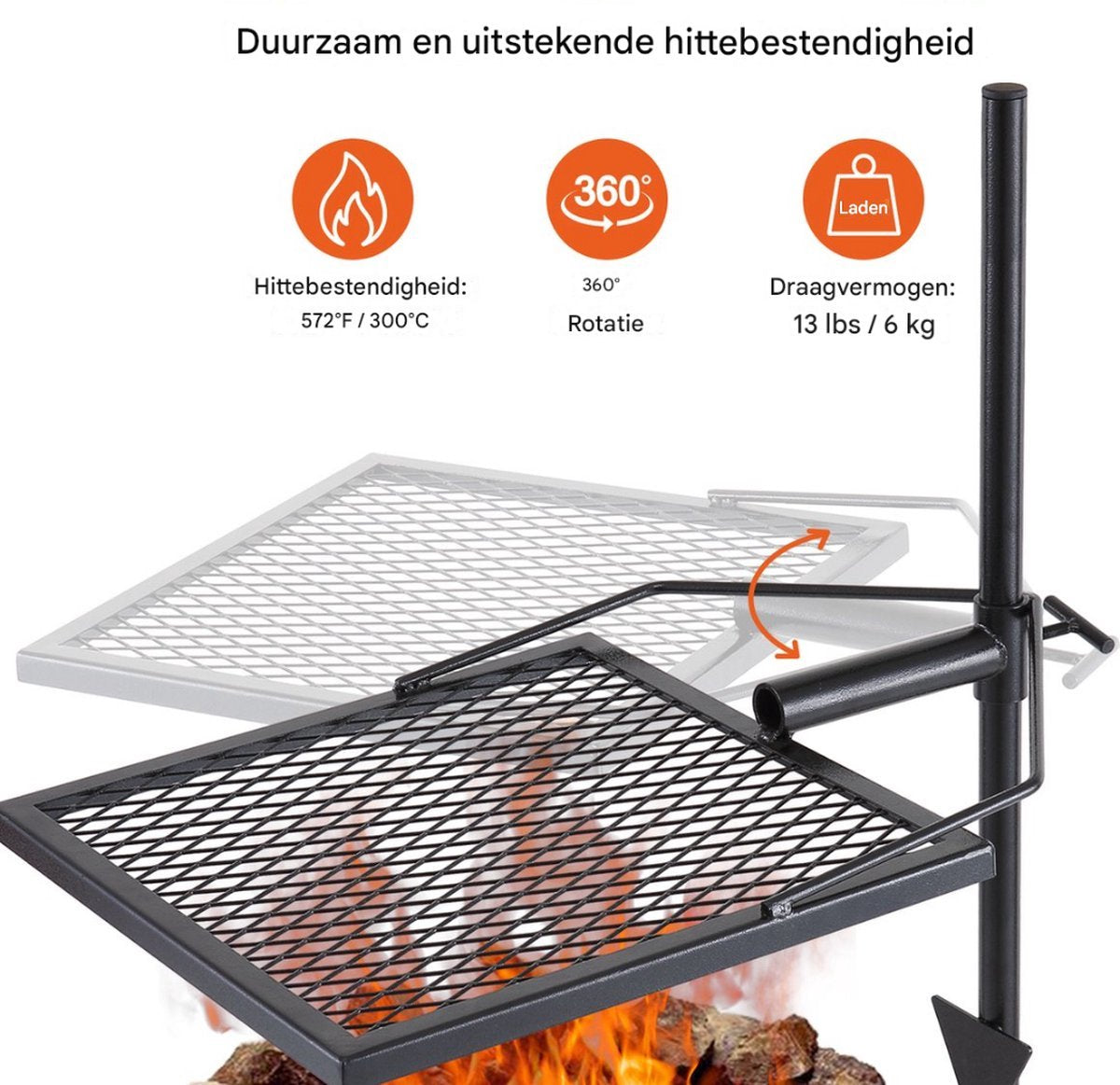 Draaibare Grill - 41x41cm - Staal - 6 kg Draagvermogen - Inclusief Draagtas - Zwart