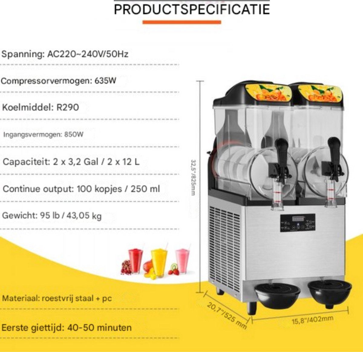Professionele Slush puppy machine - 12L - Voor Ijskoude Drankjes - Frozen drink maker van Roestvrij Staal - Dubbele tank