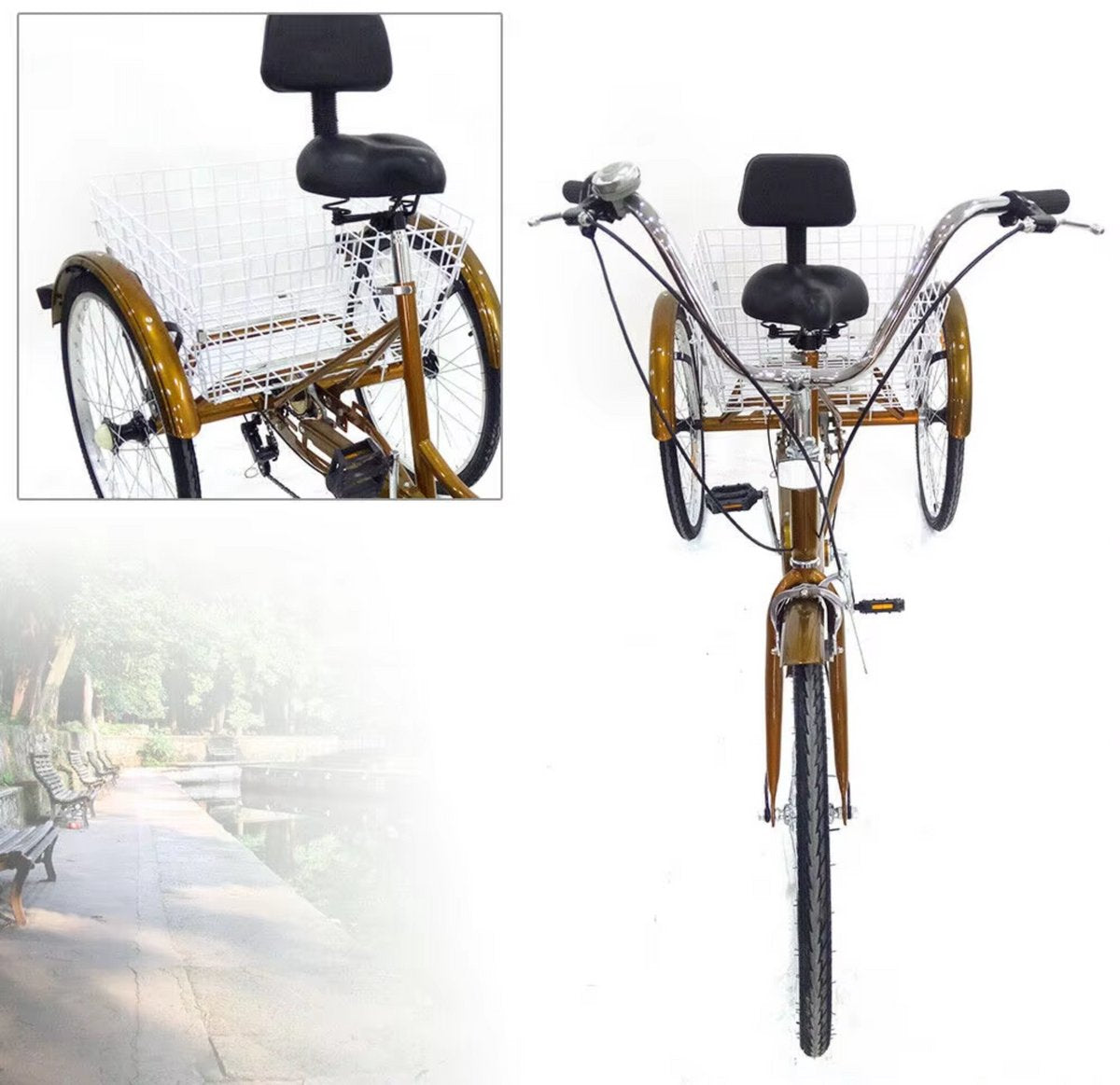 Driewieler voor volwassenen - 6 versnellingen - Fiets voor senioren - 24 Inch - Met mand - Voorrem - Goud