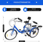 Driewieler Rustic - 7 versnellingen - Fiets voor volwassenen en senioren - 24 Inch - Opvouwbare - Verstelbaar - Met mand - Voorrem - Blauw - 120KG