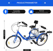 Driewieler Rustic Tavien - 7 versnellingen - Fiets voor volwassenen en senioren - 24 Inch - Opvouwbare - Verstelbaar - Met mand - Voorrem - Blauw - 120KG