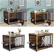 Houten Hondenbenche - Hondenren - Hondenkrat Bijzettafel met Afneembare Kommen en Dienblad - Dubbele Deuren Hondenkennel voor Middelgrote Honden Binnen - 99 x 63 x 75 cm - Grijs