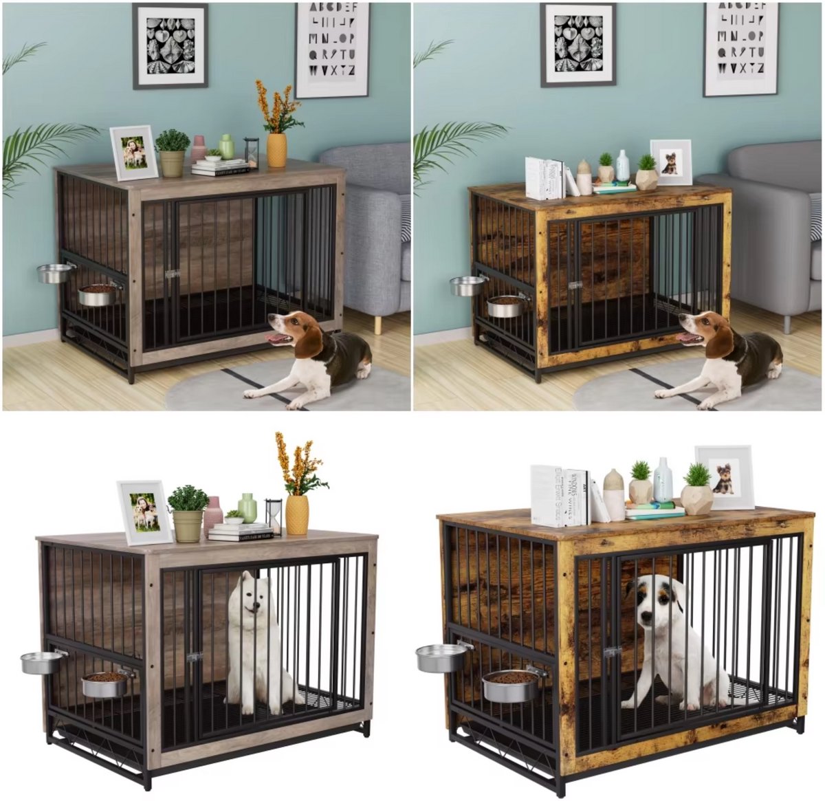 Houten Hondenbenche - Hondenren - Hondenkrat Bijzettafel met Afneembare Kommen en Dienblad - Dubbele Deuren Hondenkennel voor Middelgrote Honden Binnen - 99 x 63 x 75 cm - Grijs