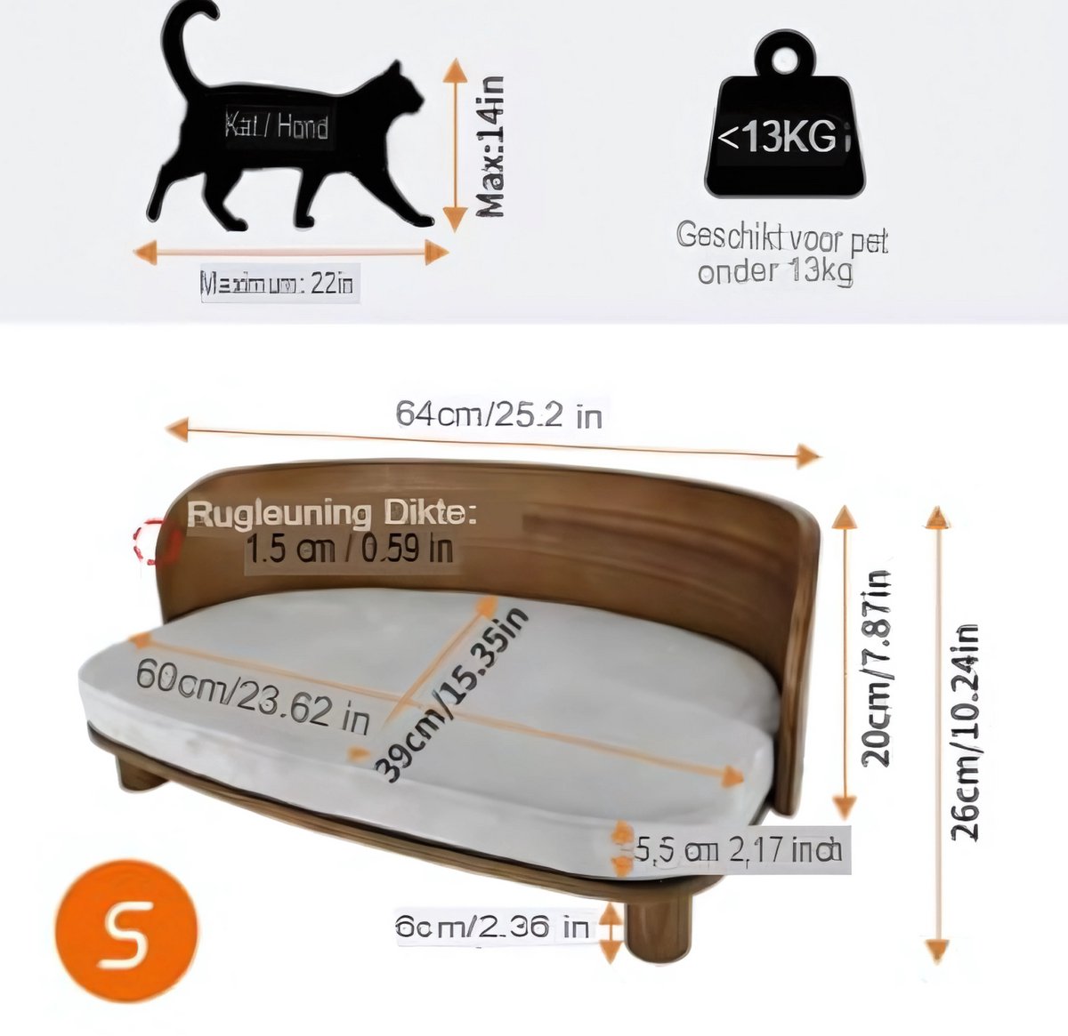 Verhoogde Kattenmand - 64cm - Kattenbed - Houten kattenbench voor Binnen - Lounge Fauteuil voor Katten, Puppies of Kleine Dieren