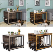 Houten Hondenbenche Tavien - Hondenren - Hondenkrat Bijzettafel met Afneembare Kommen en Dienblad - Dubbele Deuren Hondenkennel voor Middelgrote Honden Binnen - 99 x 63 x 72 cm - Bruin